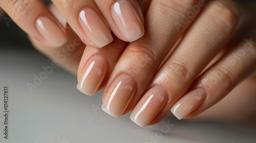 Woman hand with elegant neutral colors manicure. Beautiful natural looking gel polish manicure on nails. look luxury.