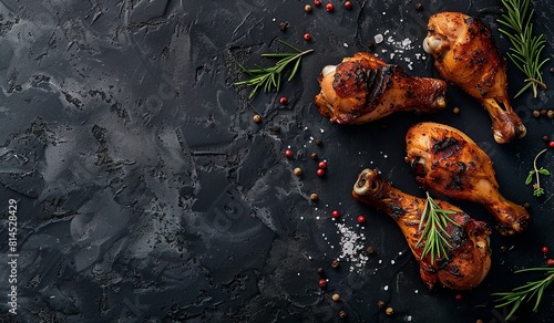 Succulent roasted chicken legs with herbs and spices on dark background