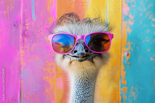 Cute ostrich wearing sunglasses in studio with a colorful and bright background