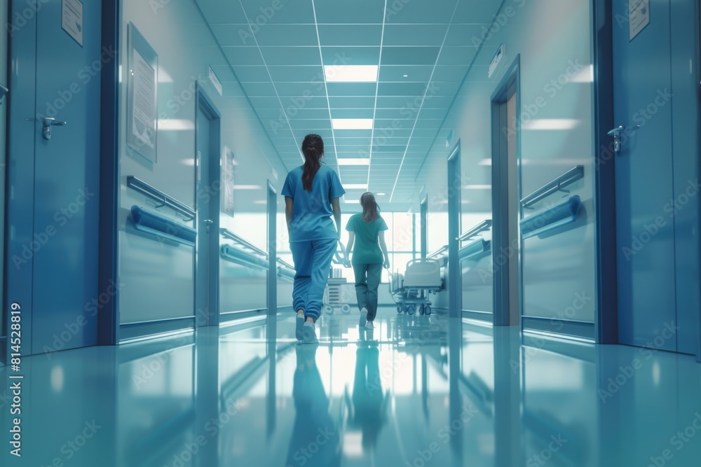 Fototapeta premium A woman and child walking down a hospital hallway. Suitable for medical and healthcare concepts