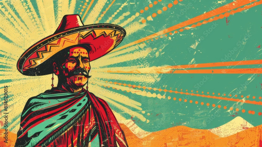 A Mexican man is wearing a colorful sombrero against a cinco de mayo background A Mexican man is wearing a colorful sombrero against a cinco de mayo background