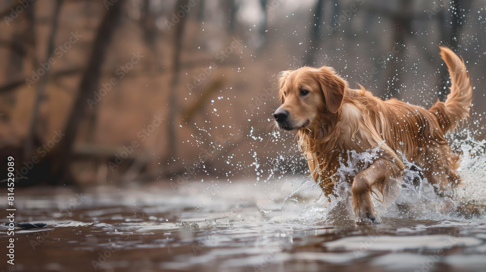A Serene Golden Retriever Wades Through A River, Its Coats Dripping With Water, A Peaceful Natural Setting