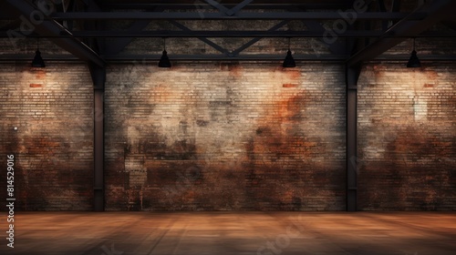 Empty old warehouse interior with brick walls, concrete floor, and a black steel roof structure photo