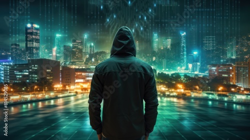 A hacker in a hoodie from a rear view. The scene is set against a backdrop of a nighttime city © crazyass