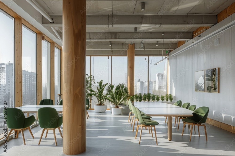 Fototapeta premium Long Table With Green Chairs in a Large Room