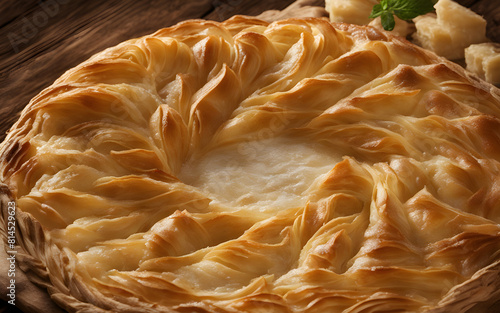 Bulgarian banitsa, spiraled phyllo pastry, cheese filling, golden crust, wooden board, morning light photo
