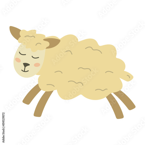 Happy fluffy sheep in flat design, cute little sheep, baby sticker, kids room interior