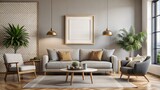 Modern Living Room Frame Mockup: A contemporary living room setting with a stylish frame mockup hanging on the wall, perfect for showcasing artwork or photographs.	
