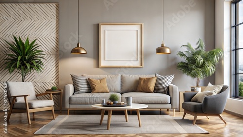 Modern Living Room Frame Mockup: A contemporary living room setting with a stylish frame mockup hanging on the wall, perfect for showcasing artwork or photographs. 