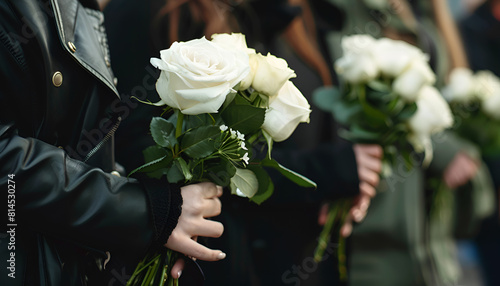 People in black clothes with white rose flowers outdoors, closeup. Funeral ceremony