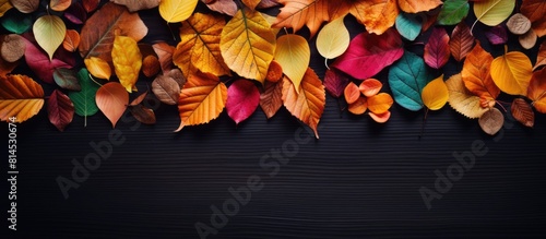 Autumn inspired composition with a background of colorful leaves Presented in a flat lay style leaving room for copy or additional images
