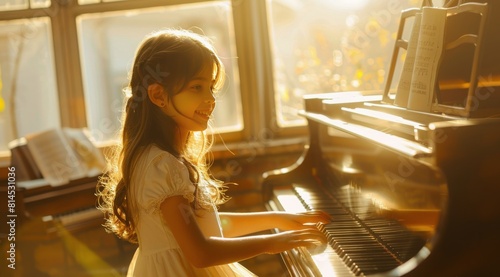 Little Girl Playing Piano in Room