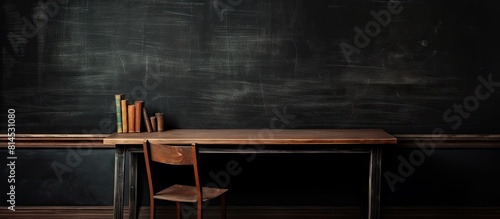 A small study desk displayed on a blackboard background providing ample copy space for images