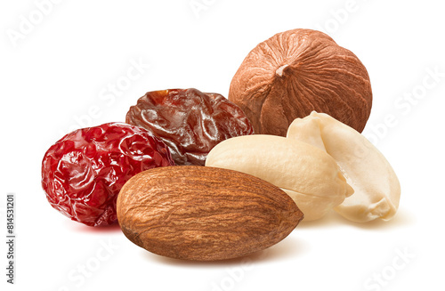 Almond, hazelnut, peanut, raisin and cranberry isolated on white background. Nut and berry mix