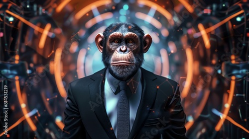 Dressed in an elegant suit with a nice tie, this monkey is shot in a charismatic human attitude.