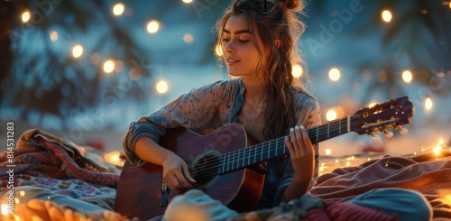 Woman Playing Guitar in Front of String of Lights