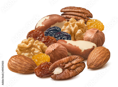 Hazelnut, walnut, almond, brazil nut, pecan and raisin isolated on white background.