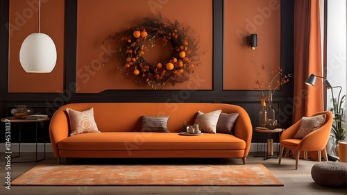 The design gains depth from the warm tones of the dark orange background, which inspire sentiments of coziness and warmth. photo