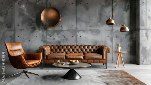 brown leather sofa, chairs, and coffee table set against a gray concrete wall