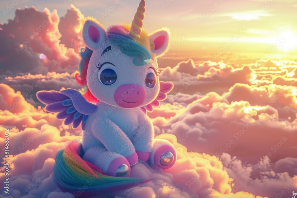 3D cartoon style, cute baby unicorn with rainbow mane and wings sitting on the clouds in the sky during sunset 3D cartoon style, cute baby unicorn with rainbow mane and wings sitting on the clouds in the sky during sunset