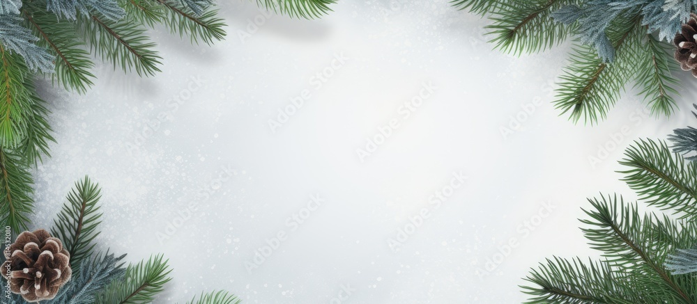 A festive frame template for Christmas with green and blue fir branches set against a serene grey background ideal for displaying a copy space image A festive frame template for Christmas with green and blue fir branches set against a serene grey background ideal for displaying a copy space image