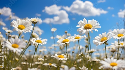 Beautiful background of a field full of blooming daisies and a serene blue sky during spring.