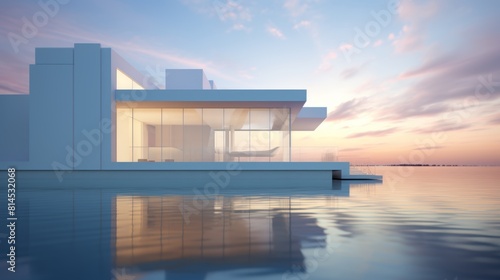 A white building situated on the water s surface  presenting a futuristic architectural concept