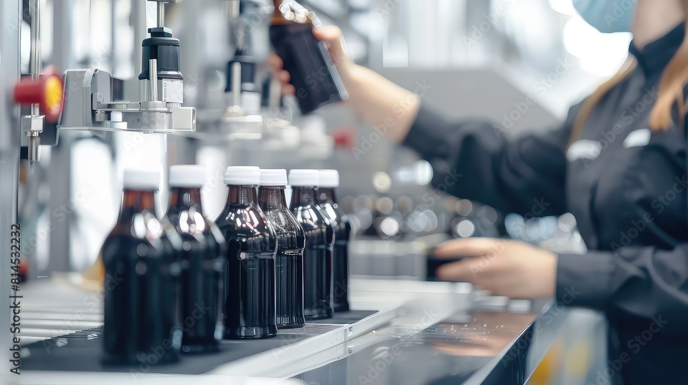Close-up of a dedicated woman checking the efficiency of the robotic line as it fills bottles with carbonated black juice soft drink for packaging. Close-up of a dedicated woman checking the efficiency of the robotic line as it fills bottles with carbonated black juice soft drink for packaging.