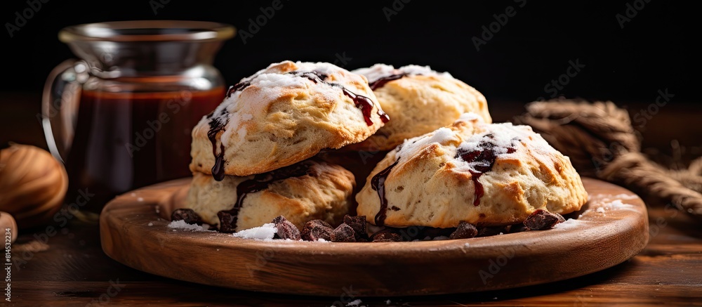 Delicious scones made with soda water and chocolate paste placed on a wooden table leaving room for adding text. with copy space image. Place for adding text or design Delicious scones made with soda water and chocolate paste placed on a wooden table leaving room for adding text. with copy space image. Place for adding text or design