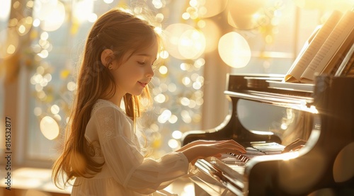 Little Girl Playing Piano in Room
