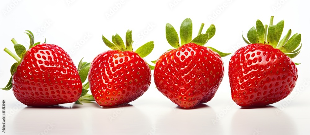 A cluster of four ripe strawberries sliced into halves is displayed on a plain white backdrop The vibrant organic berries are striking with space for additional text or images A cluster of four ripe strawberries sliced into halves is displayed on a plain white backdrop The vibrant organic berries are striking with space for additional text or images