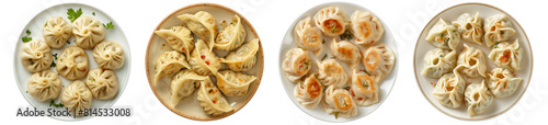 Momos dumplings in the plate, isolated transparent PNG, Indian, Nepal local traditional food, Cuisine, top view