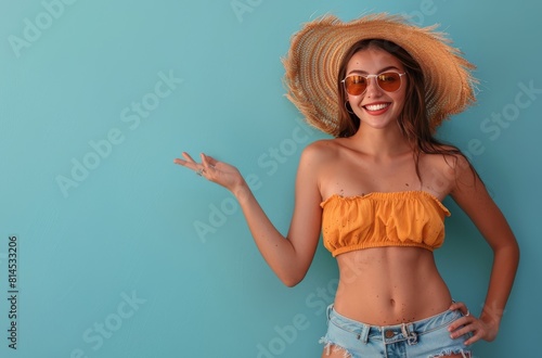 Woman in Bikini Top and Hat Pointing