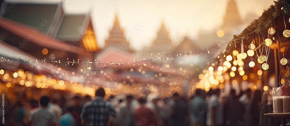 A festive New Year s Eve celebration at a night market with a blurred abstract background of a crowd of people copy space image