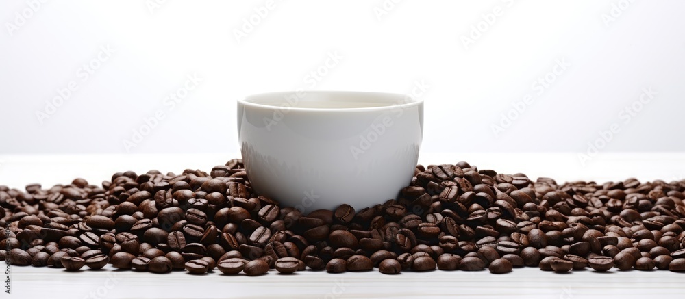 Coffee beans neatly fill a white cup creating an aesthetically pleasing image with ample space for customization Coffee beans neatly fill a white cup creating an aesthetically pleasing image with ample space for customization