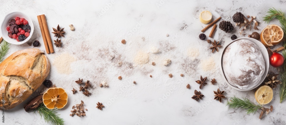 A top view of homemade Stollen ingredients on a white marble table creating a visually appealing copy space image showcasing the process of baking traditional German Christmas bread