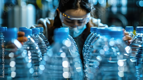 Wallpaper Mural Female worker in a protective mask conducting thorough inspections on water bottles to maintain quality standards in a bottling plant.  Torontodigital.ca
