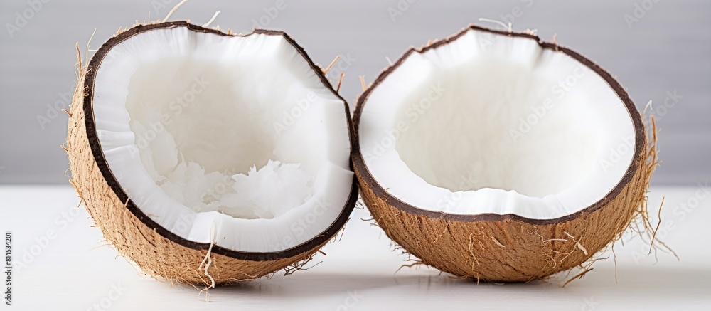 A close up image of fresh coconut halves on a white background with copy space A close up image of fresh coconut halves on a white background with copy space