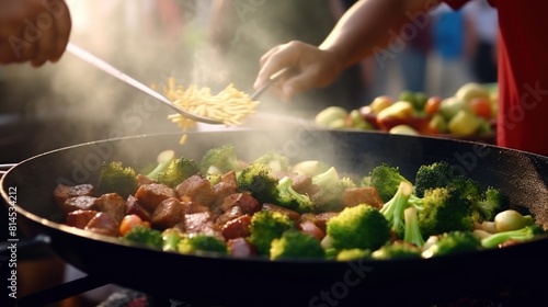 someone who is cooking vegetables and meat in a large frying pan. Smoke billowed out of the pan, photo