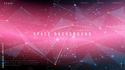 Abstract technology purple background with geometric low poly wireframe elements. Digital tech bg. Polygonal data concept. Connected dots and thin lines. Pink space with plexus. Vector illustration. 