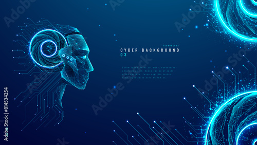  AI humanoid robot in light neon blue on a technology background. Chatbot or AI concept. Artificial intelligence cyborg face with circuit, quantum processor or chip inside a head. Vector illustration. (ID: 814534254)