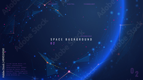 Abstract tech background with low poly wireframe elements. Space technology background in blue. Dark technology bg. Polygonal digital planet in outer space. AI technology concept. Vector illustration (ID: 814534260)