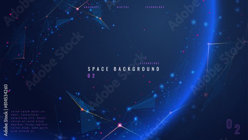 Abstract tech background with low poly wireframe elements. Space technology background in blue. Dark technology bg. Polygonal digital planet in outer space. AI technology concept. Vector illustration