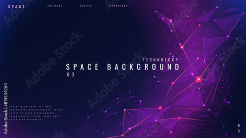 Purple space background with polygonal or plexus abstarct objects. Universe or Galaxy bg. Technology starry sky with connected dots, lines, and polygons. Low poly wireframe vector illustration.backgro (ID: 814534264)