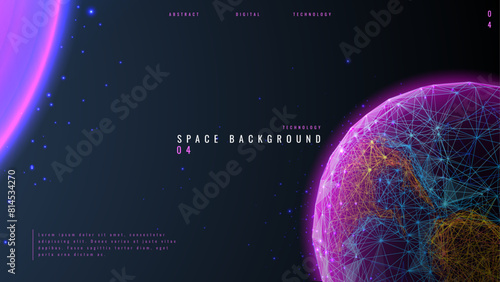 Space planet background with astronomy subject. Abstract technological cosmos bg for banners. Planet Earth in purple color. Universe or Galaxy concept. Digital polygonal vector illustration. (ID: 814534270)