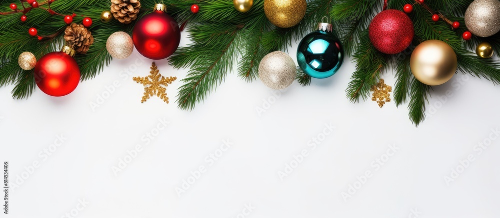 A festive Christmas background viewed from the top featuring a beautiful arrangement of colorful ball decorations gift boxes and white bells adorning a fir tree Set against a white background with am A festive Christmas background viewed from the top featuring a beautiful arrangement of colorful ball decorations gift boxes and white bells adorning a fir tree Set against a white background with am