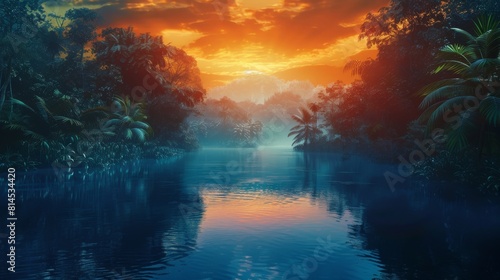 Amazon river flowing through rainforest at sunset or sunrise. Tropical river flowing through jungle forest.