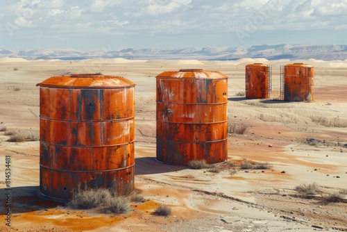 Three rusted metal tanks in a desert. Suitable for industrial or post-apocalyptic themes © Ева Поликарпова