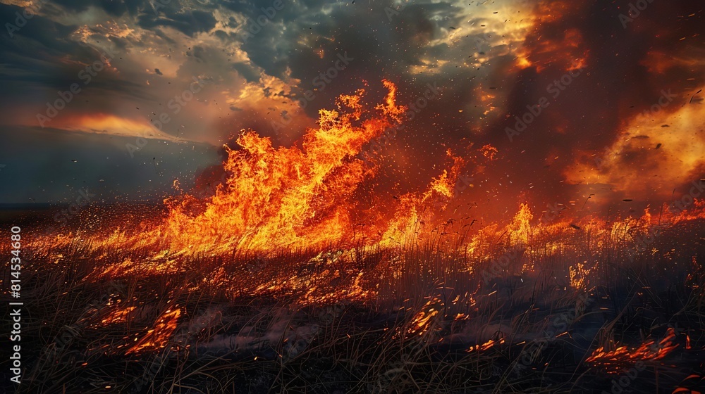 Windblown Fury Show the flames bending and twisting under a strong wind, sending sparks flying in all directions Windblown Fury Show the flames bending and twisting under a strong wind, sending sparks flying in all directions