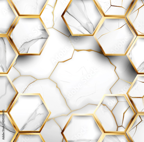 golden hexagons on white marble background, luxury abstraction template with empty space for text filling